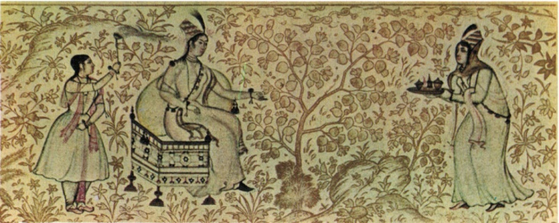 Padishah Hatun is attended by two women as she reclines on a throne in a peach orchard. Hatun ruled in the ancient Muslim state of Kutluk in what is now Iran. (Illustration from Dr. Bahriye Üçok’s “Female Sovereigns in Islamic States.”)