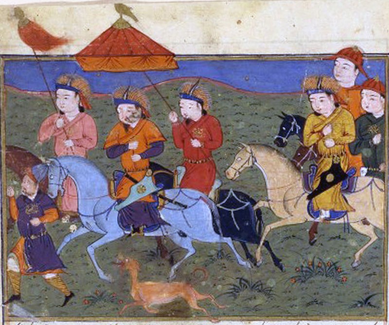 A painting of Hulagu Khan by Persian historian Rashid al-Din. Hulagu Khan rides on horseback with his mounted army, accompanied by a hunting dog and footmen. (Wikimedia / Bibliothèque nationale de France). 