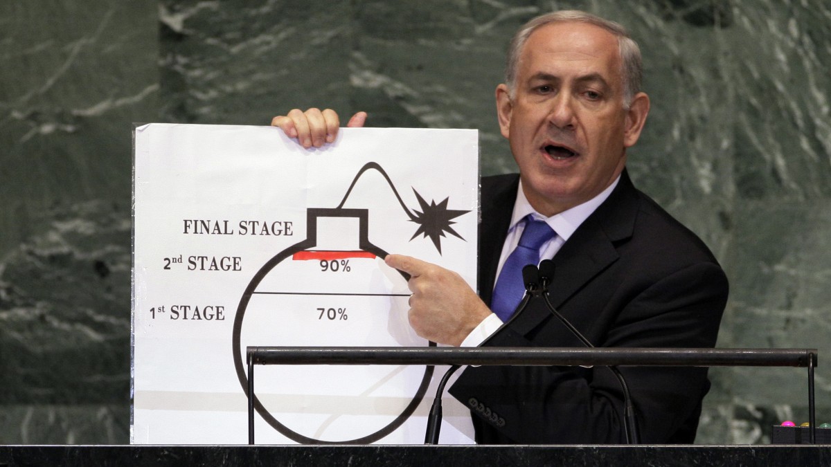 Prime Minister Benjamin Netanyahu of Israel shows an illustration as he describes his concerns over Iran's nuclear ambitions during his address to the 67th session of the United Nations General Assembly at U.N. headquarters Thursday, Sept. 27, 2012.(AP Photo/Richard Drew)
