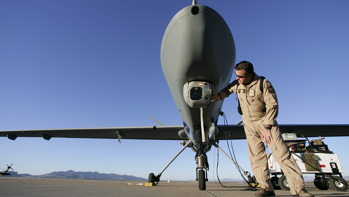 Customs Border Patrol Air and Marine division blackhawk helicopter unmanned aerial vehicle Fort Huachuca Thursday, Oct. 25, 2007 in Sierra Vista, Ariz. (AP Photo/Ross D. Franklin)