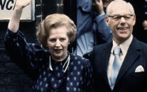 This is a June 9, 1983. file photo of British Prime Minister Margaret Thatcher leaves the Castle lane, Westminster, London England polling station with her husband, Dennis, after casting their votes in the general election.