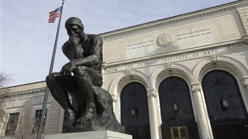 In a photo from Tuesday, Dec. 10, 2013 at the Detroit Institute of Arts in Detroit, The Thinker, a sculpture by Auguste Rodin is seen outside the art museum. Bankrupt Detroit’s ability to retain or protect art masterpieces bought with taxpayer dollars during better times could come down to the generosity of strangers. New York auction house Christie’s is expected this week to hand over its final report on the value of about 3,200 city-owned pieces at the Detroit Institute of Arts to state-appointed emergency manager Kevyn Orr. (AP Photo/Carlos Osorio)