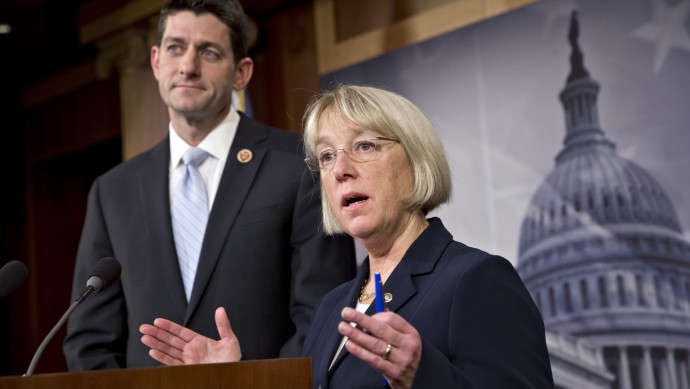 House Budget Committee Chairman Paul Ryan, R-Wis., left, and Senate Budget Committee Chairwoman Patty Murray, D-Wash., announce a tentative agreement between Republican and Democratic negotiators on a government spending plan, at the Capitol in Washington, Tuesday, Dec. 10, 2013. Negotiators reached the modest budget agreement to restore about $65 billion in automatic spending cuts from programs ranging from parks to the Pentagon, with votes expected in both houses by week's end. (AP Photo/J. Scott Applewhite)