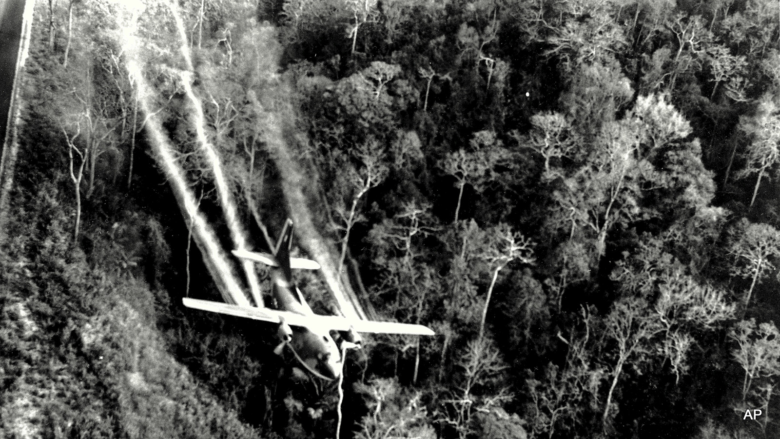 A U.S. Air Force C-123 flies low along a South Vietnamese highway spraying Agent Orange on dense jungle growth beside the road to eliminate ambush sites for the Viet Cong during the Vietnam War. During the Vietnam War, Air Force C-123 planes sprayed millions of gallons of herbicides over the jungles of Southeast Asia to destroy enemy crops and tree cover. 