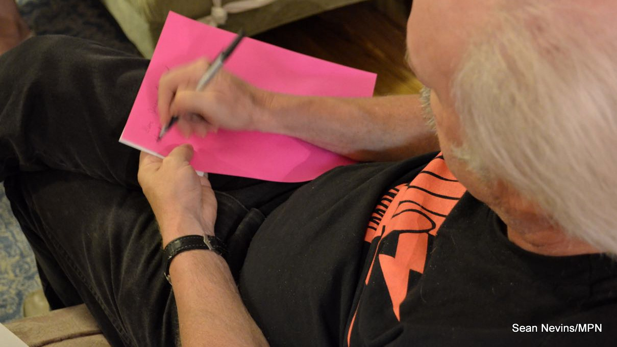 Jim, 54, an engineer and part of the Presbyterian Peace Fellowship, a group of peace activists involved in nonviolent actions to promote peace and justice, writes a letter to Jeremy Hammond  on May 20 in Washington DC.