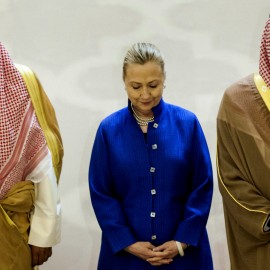 Saudi Foreign Minister Prince Saud Al-Faisal, right, U.S. Secretary of State Hillary Clinton, center, and Kuwaiti Foreign Minister Sheikh Sabah Khaled al-Hamad Al-Sabah, left, stand together prior to a group photo