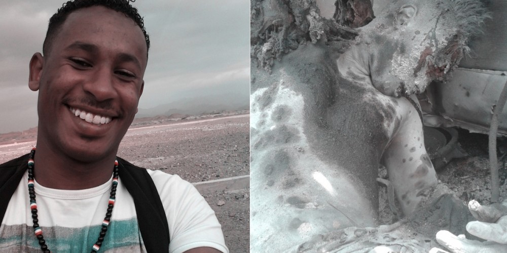 Mohammed Hussein Othman, posing for a selfie (L), was later killed by an airstrike that hit the public bus he was traveling in on April 25 in Lahj, Yemen (R). Photo: (selfie) Mohammed Hussein Othman (Othman deceased) Abdulkhader Hussain Othman
