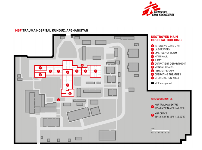 A map of Kunduz Trauma Center, the MSF hospital in Afghanistan destroyed by U.S. air strikes in October. (Doctors Without Borders)