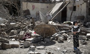 The remains of a house destroyed by a Saudi-led airstrike in Yemen’s capital on Thursday. Photograph: Hani Mohammed/AP