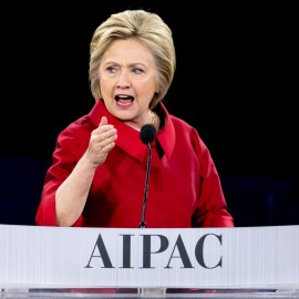 Democratic presidential candidate Hillary Clinton speaks at the 2016 American Israel Public Affairs Committee (AIPAC) Policy Conference, March 21, 2016, at the Verizon Center in Washington. (AP Photo/Andrew Harnik)