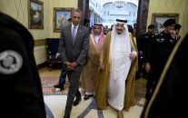 President Barack Obama and Saudi Arabia's King Salman walk together to a meeting at Erga Palace in Riyadh, Saudi Arabia, Wednesday, April 20, 2016. The President begins a six day trip to strategize with his counterparts in Saudi Arabia, England and Germany on a broad range of issues with efforts to rein in the Islamic State group being the common denominator in all three stops. (AP Photo/Carolyn Kaster)