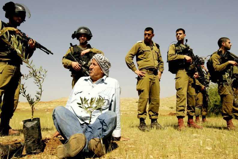 A Palestinian farmer looks at Israeli army soldiers after he planted an olive trees near the West Bank town of Tubas in the Jordan valley, during a protest against the closure of land to Palestinians by the army and Jewish settlers, Tuesday, April 8, 2014. (AP/Mohammed Ballas)