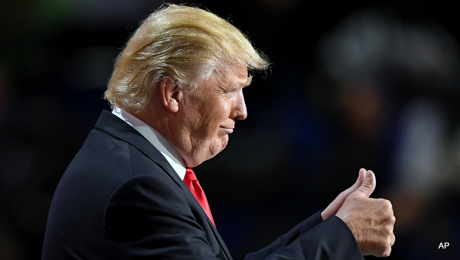 Republican Presidential Candidate Donald Trump gestures as he speaks during the final day of the Republican National Convention in Cleveland, Thursday, July 21, 2016.