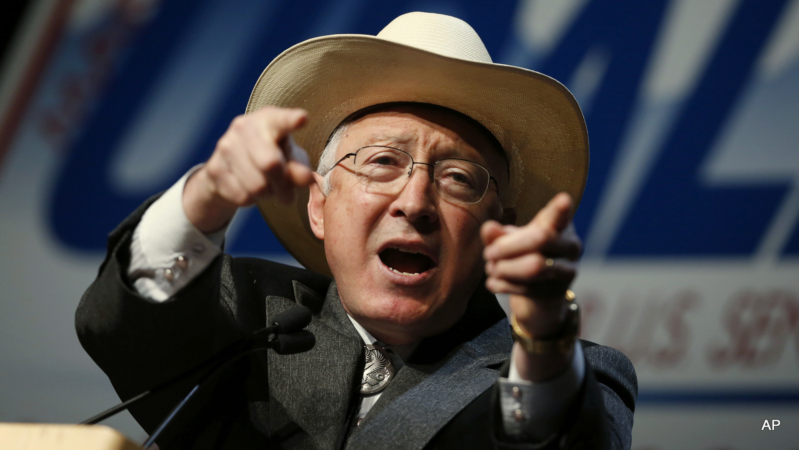 Former U.S. Interior Department Secretary Ken Salazar gestures while speaking in support of the re-election of now-former U.S. Senator Mark Udall, in Denver. 