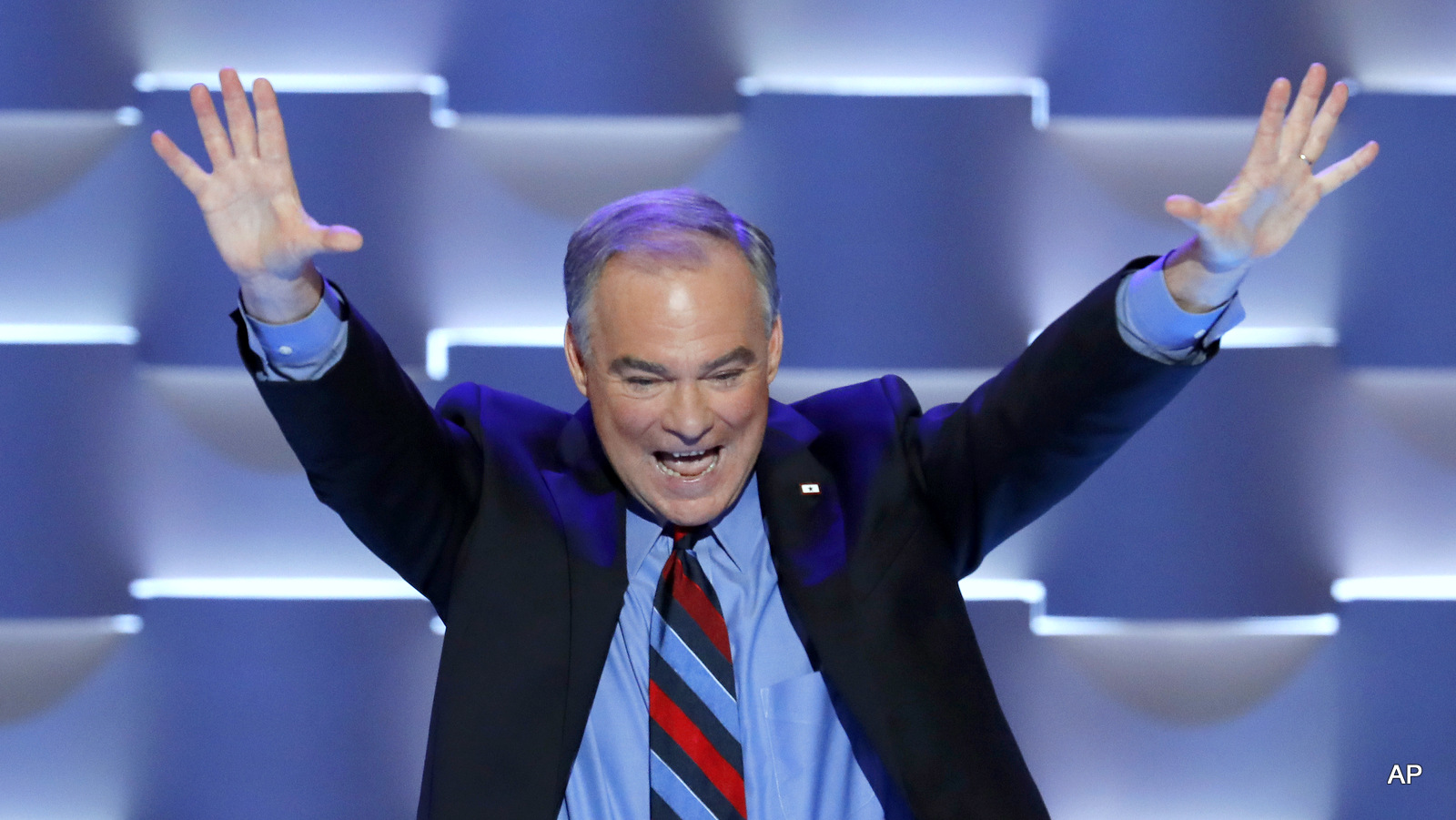 Democratic vice presidential candidate, Sen. Tim Kaine, D-Va., waves to the crowd after speaking during the third day of the Democratic National Convention in Philadelphia , Wednesday, July 27, 2016.