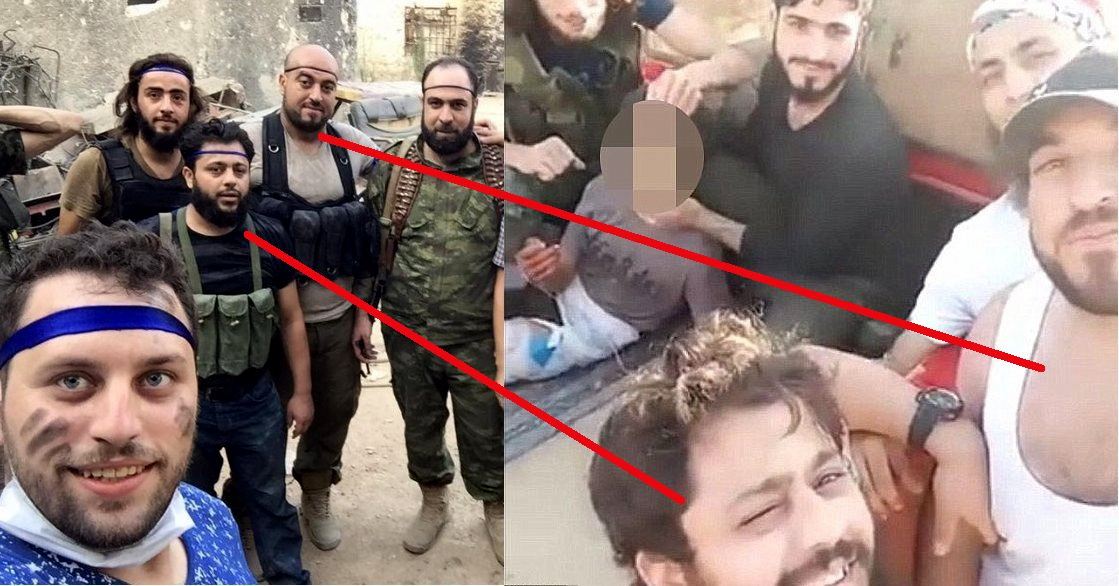 Mahmoud Raslan (in blue; bottom left) taking a selfie with two of the men who tortured Abdullah Issa. Photo: Mahmoud Raslan (in blue; bottom left) taking a selfie with two of the men who tortured Abdullah Issa. (Photo: The Canary)