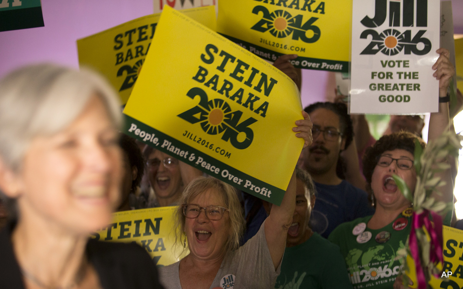 Green party presidential candidate Jill Stein, foreground, meets her supporters during a campaign stop at Humanist Hall in Oakland, Calif. on Thursday, Oct. 6, 2016.
