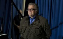 Stephen Bannon, campaign CEO for Republican presidential candidate, Donald Trump, looks on as Trump speaks during a campaign rally, Saturday, Nov. 5, 2016, in Denver. (AP Photo/ Evan Vucci)
