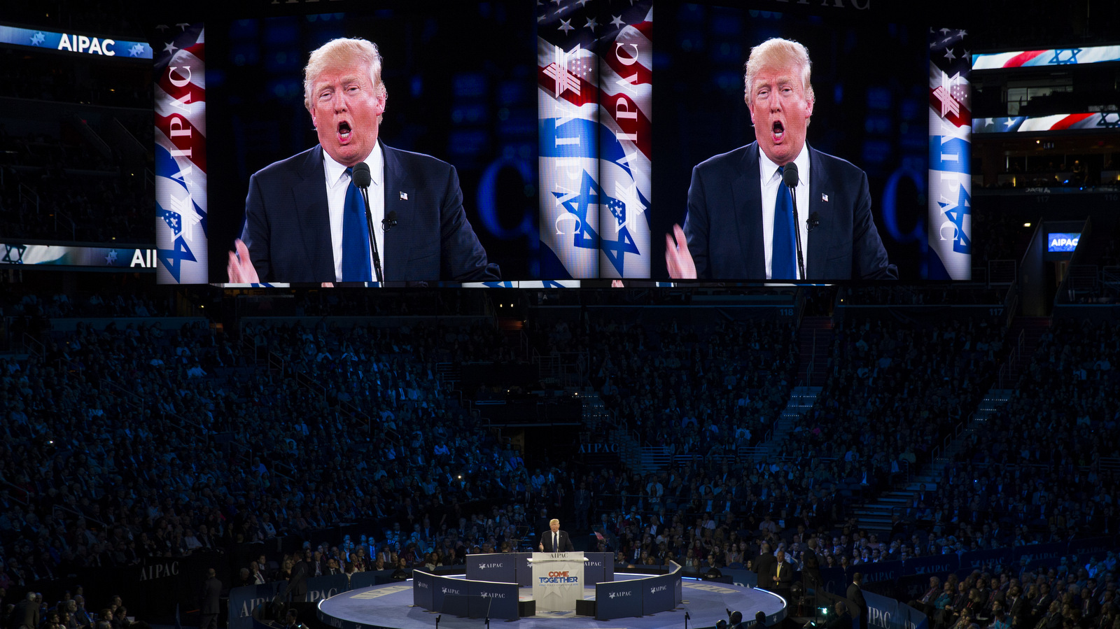 Republican presidential candidate Donald Trump speaks at the 2016 American Israel Public Affairs Committee (AIPAC) Policy Conference at the Verizon Center, on Monday, March 21, 2016, in Washington. (AP Photo/Evan Vucci)