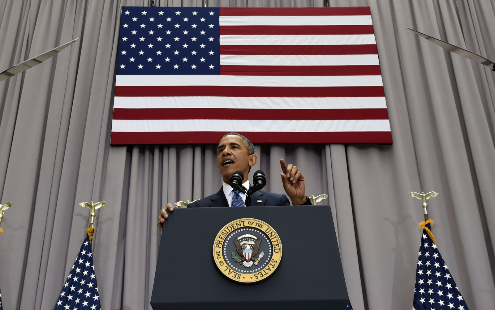 President Barack Obama speaks about the nuclear deal with Iran, Wednesday, Aug. 5, 2015, at American University in Washington. The president said the nuclear deal with Iran builds on the tradition of strong diplomacy that won the Cold War without firing any shots. (AP Photo/Susan Walsh)