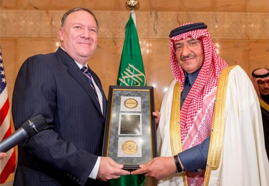 Saudi Crown Prince Muhammed bin Nayef receives the “George Tenet” medal from CIA Director Mike Pompeo. (Photo: Saudi Press Agency)