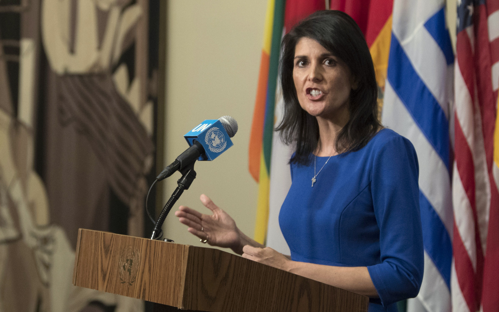 United States Ambassador to the United Nations Nikki Haley speaks to reporters after a Security Council meeting on the situation in the Middle East, Thursday, Feb. 16, 2017 at U.N. headquarters. (AP/Mary Altaffer)