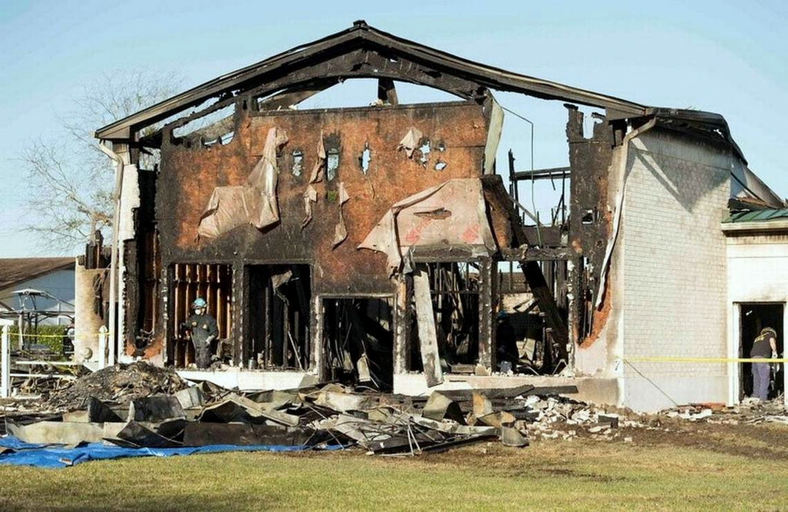 The FBI, ATF and other agencies sift through the burned remains of the Victoria Islamic Center a mosque in Victoria on Jan. 29 2017. Bob Daemmrich for The Texas Tribune