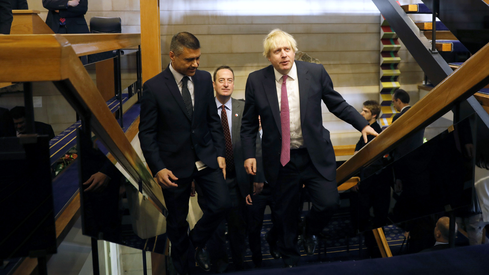 Britain's Foreign Secretary Boris Johnson, center right, walks up stairs during his meeting with Israel's President Reuven Rivlin, in Jerusalem Wednesday, March 8, 2017. (Ronen Zvulun/AP)
