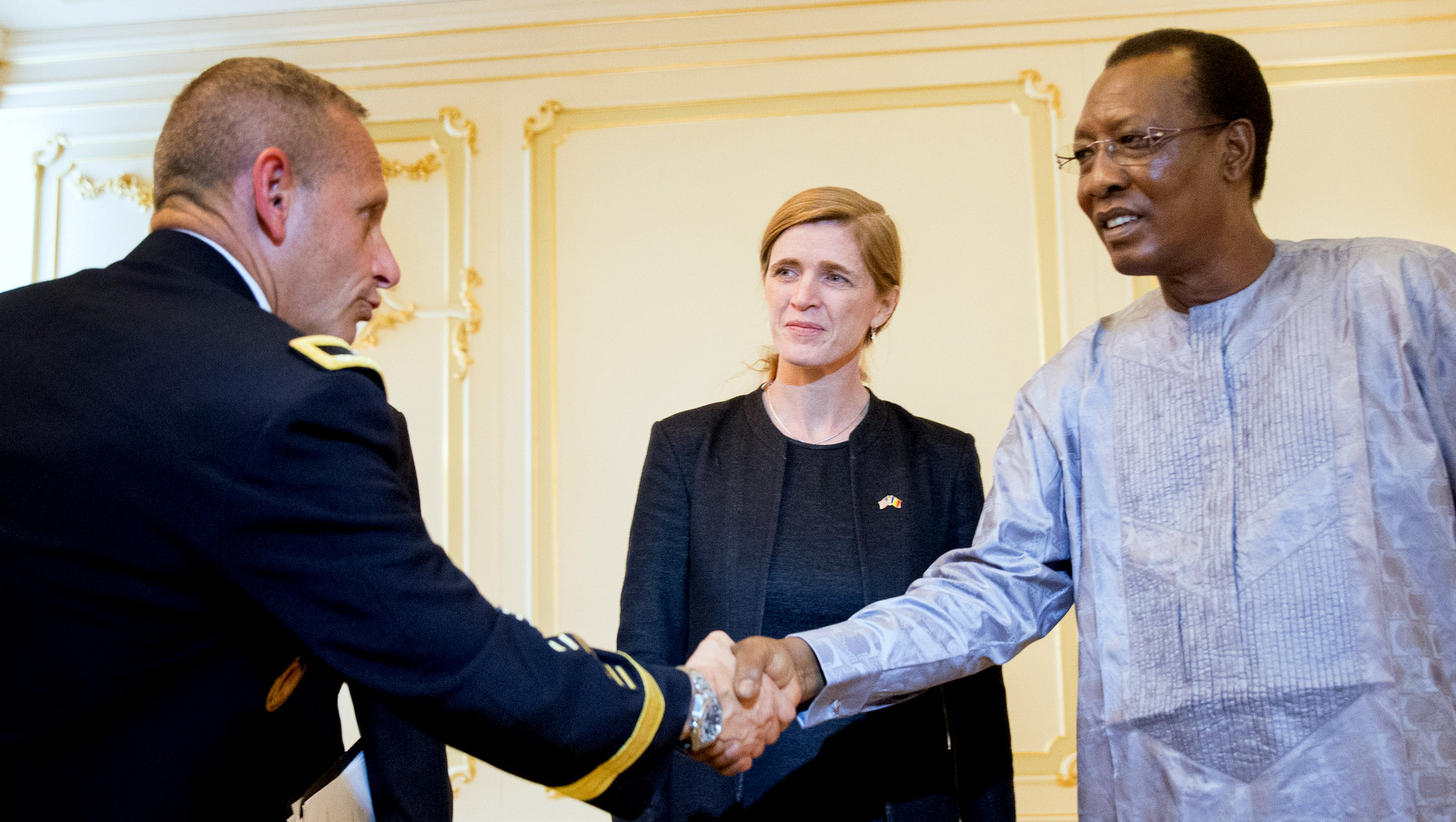 United States Special Operations Command Africa Commander Brig. Gen. Donald Bolduc, left, accompanied by U.S. Ambassador to the United Nations Samantha Power, center, meets with President Idriss Deby Itno, right, at the presidential palace in N’Djamena, Chad, Wednesday, April 20, 2016. Power was traveling to Cameroon, Chad, and Nigeria to highlight the growing threat Boko Haram poses to the Lake Chad Basin region. (AP/Andrew Harnik)