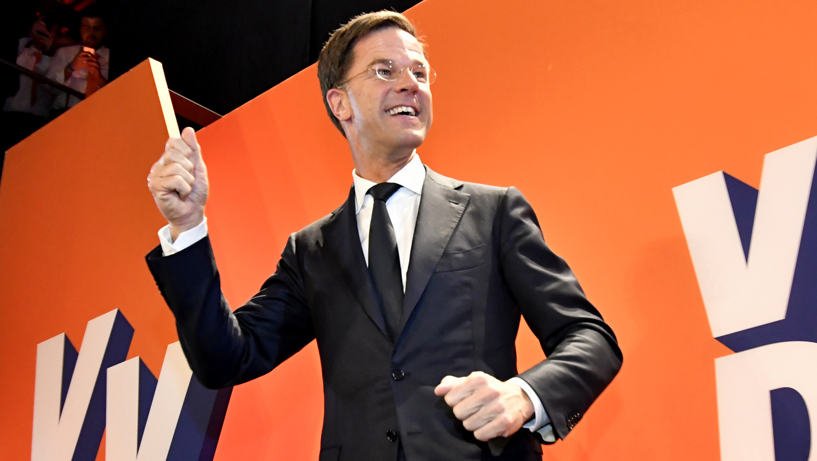 Prime Minister Mark Rutte of the free-market VVD party celebrates after exit poll results of the parliamentary elections were announced in The Hague, Netherlands, Wednesday, March 15, 2017. (AP/Patrick Post)