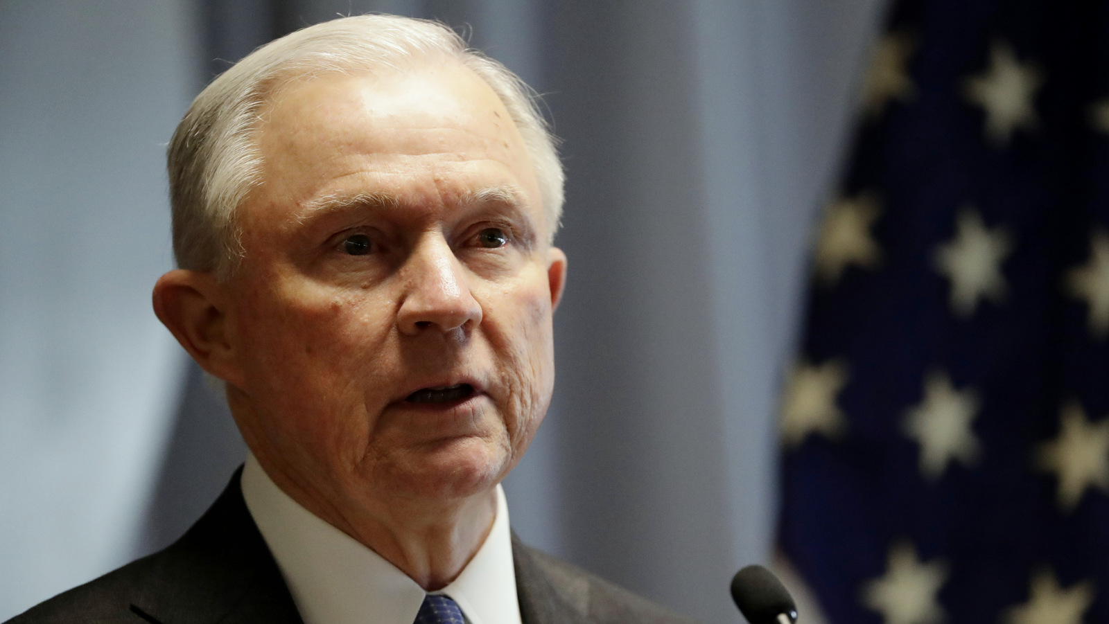 Attorney General Jeff Sessions speaks to members of law enforcement Friday, April 28, 2017, in Central Islip, N.Y. Sessions discussed the street gang that's gripping the suburban area. (AP/Frank Franklin II)