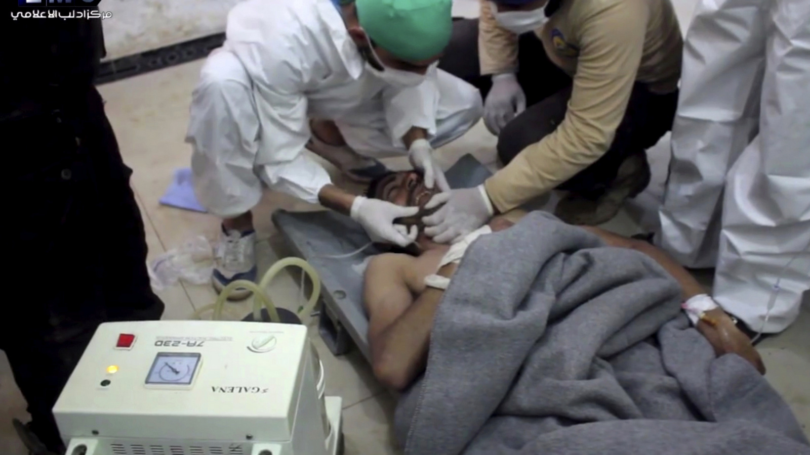 This frame grab from video provided on Tuesday April 4, 2017, by the Syrian anti-government group, the Edlib Media Center, shows an alleged victim of a suspected chemical attack as he receives treatment at a makeshift hospital, in the town of Khan Sheikhoun, northern Idlib province, Syria. (Edlib Media Center, via AP)