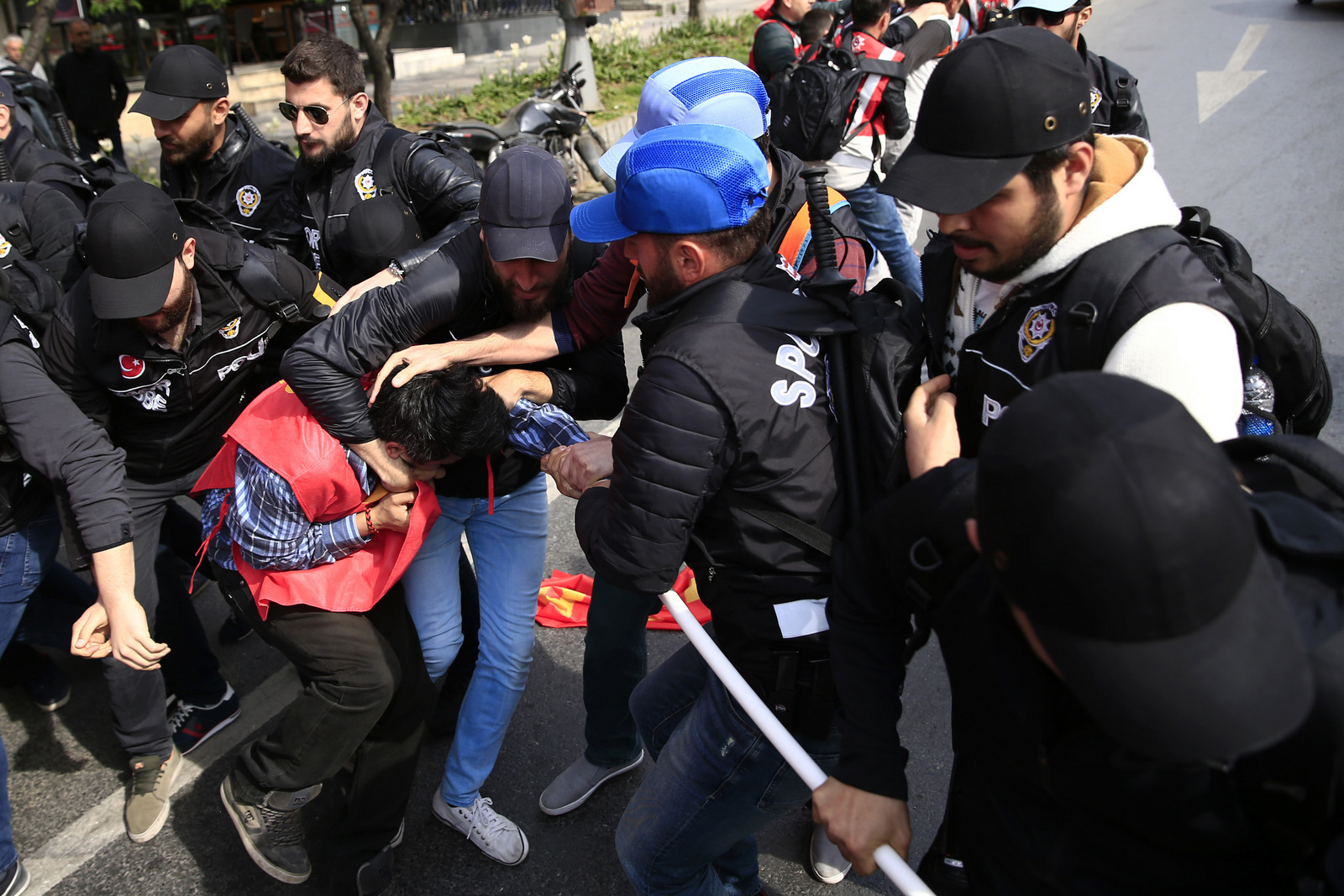 Police arrest demonstrators as they march during May Day, in Istanbul, Monday, May 1, 2017. Security forces prevented leftist groups trying to reach city's iconic Taksim Square to celebrate May Day.