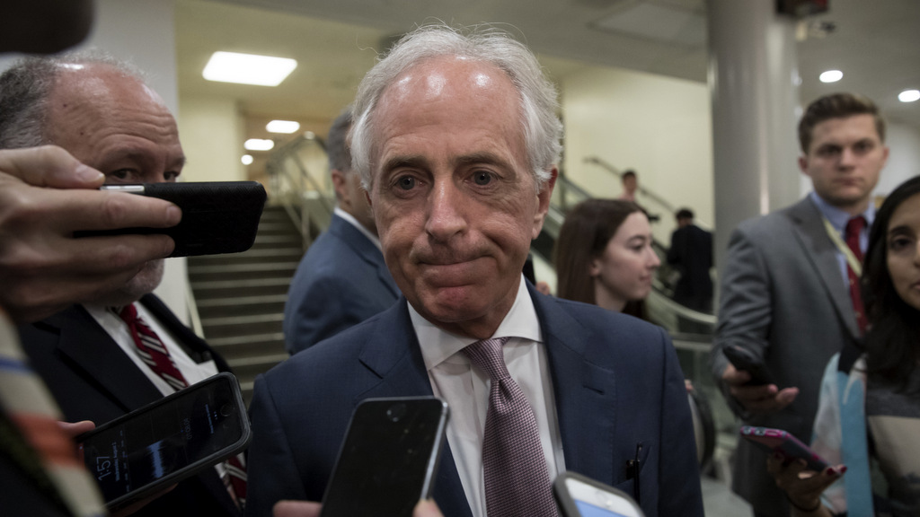 Senate Foreign Relations Committee Chairman Sen. Bob Corker, R-Tenn. talks to reporters as he arrives for a closed-door meeting with Secretary of State Rex Tillerson and Defense Secretary James Mattis. Earlier, President Donald Trump signed a bill to impose new sanctions on Russia which passed Congress with overwhelming support. (AP/J. Scott Applewhite)