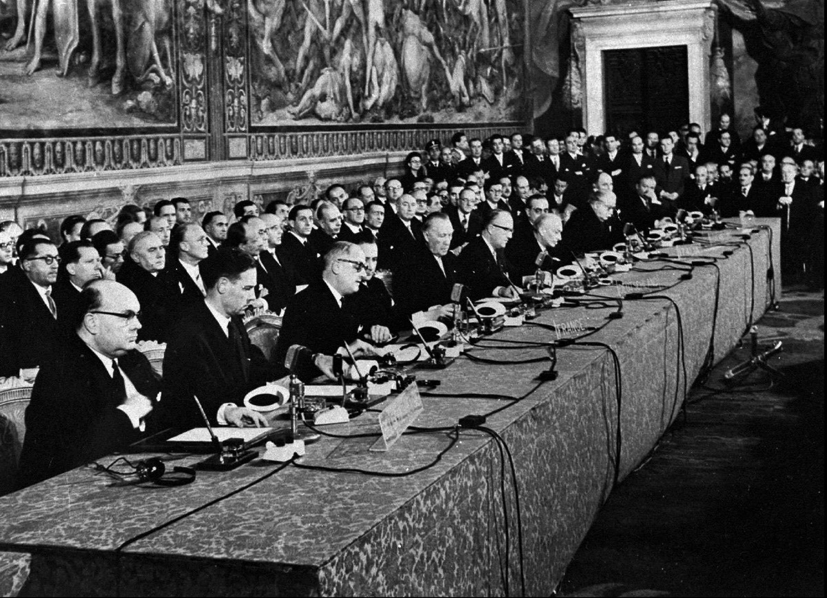The signing, March 25, 1957, of the Treaty of Rome, creating the European Economic Community, forerunner of today's European Union. (AP Photo)
