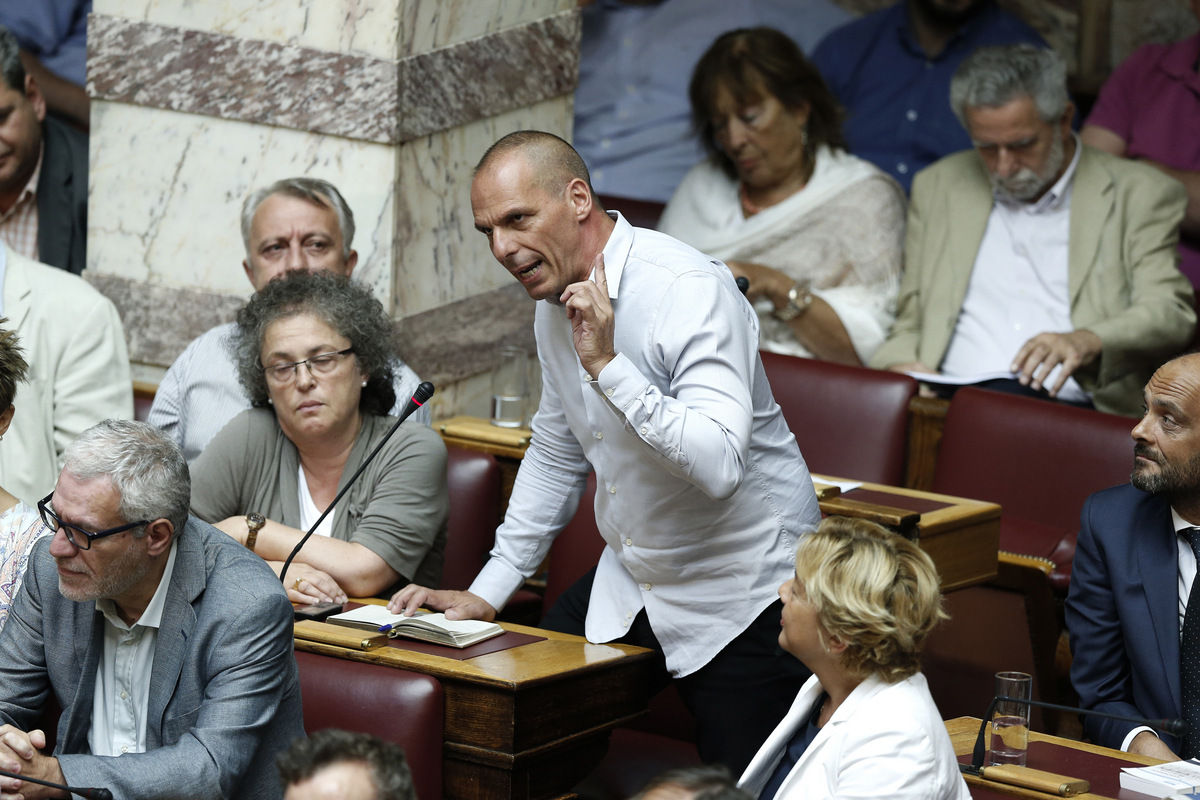 Former Greek Finance Minister Yanis Varoufakis speaks during a parliamentary session in Athens, Friday, Aug. 14, 2015. (AP/Yannis Liakos)