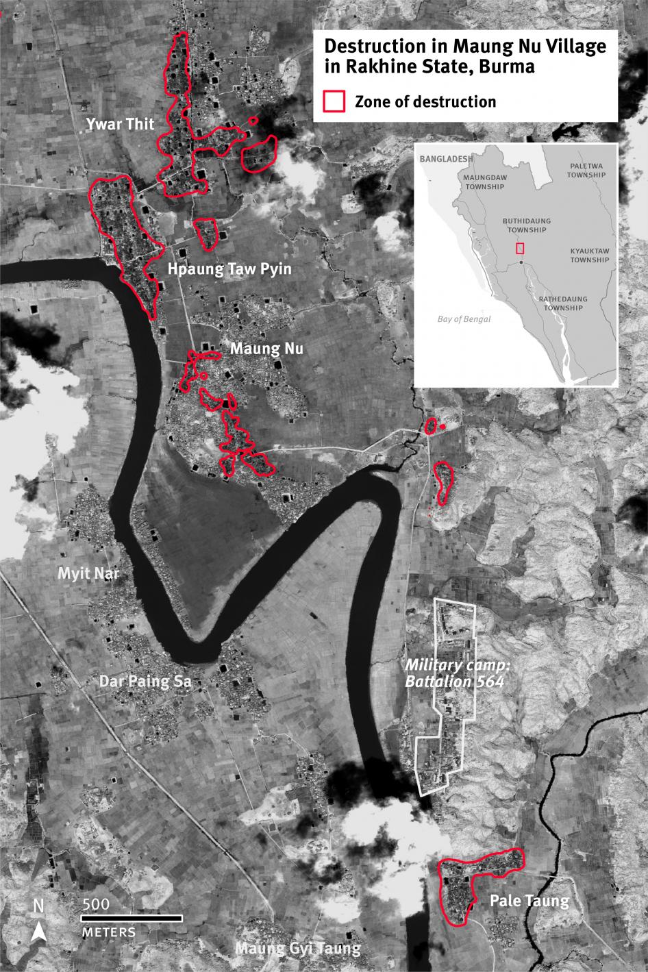 Satellite imagery showing the destruction in Maung Nu Village, Rakhine State, since August 2017. © 2017 Human Rights Watch