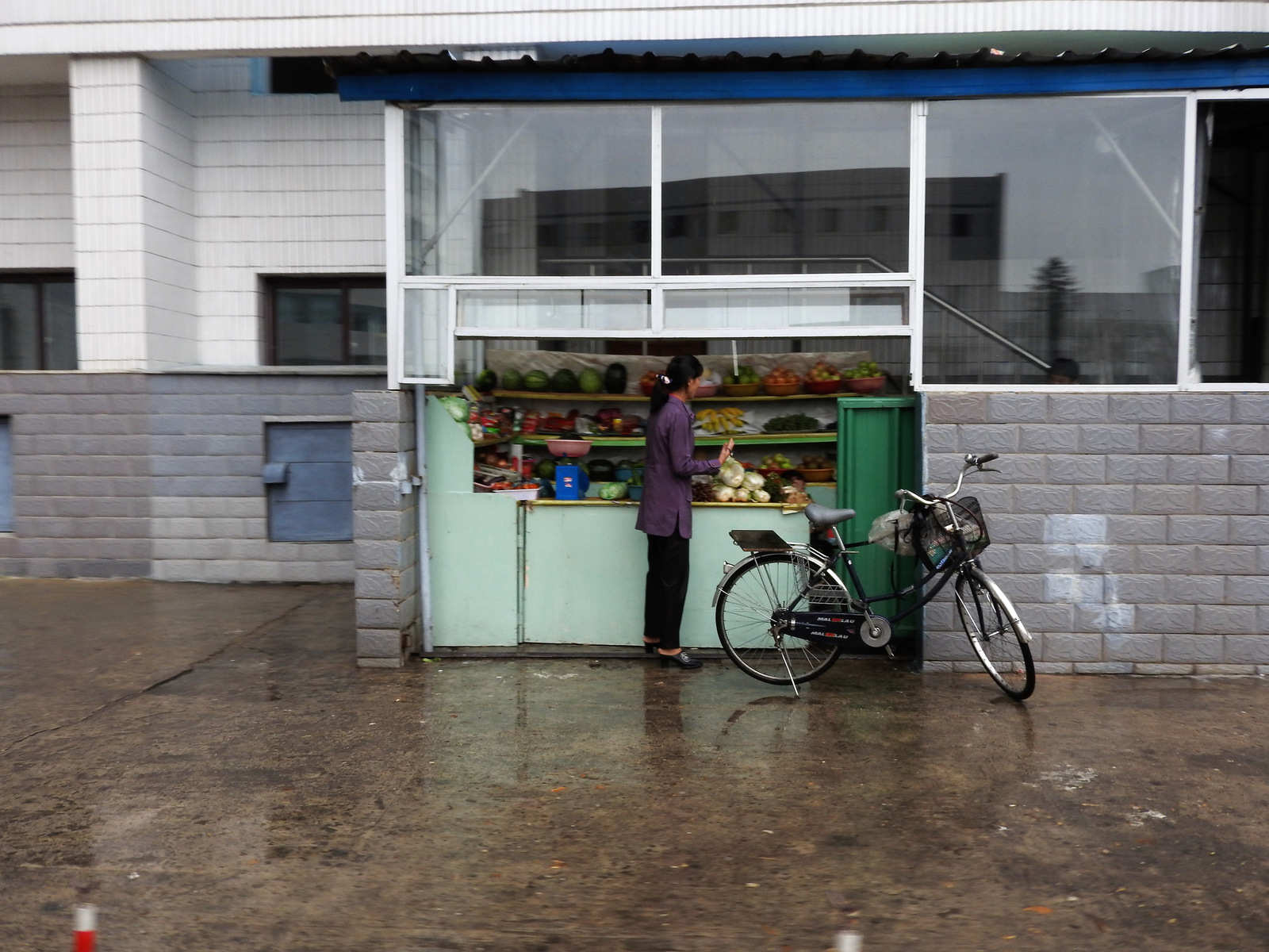 Fruit stand seen in Pyongyang. Small stands this size also sell snack food, sweets, water, sodas, beer, and ice cream.