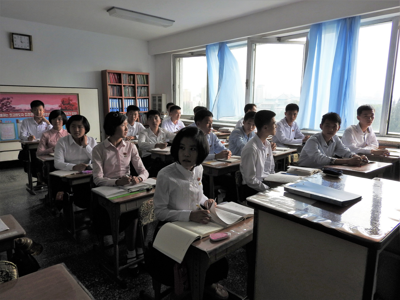 In Pyongyang Middle School. Students spoke in English of the universal desire for peace, one girl urging people to struggle for peace. On the issue of North Korea's weapons, one teenage boy said: “We make intercontinental ballistic rockets, not for invading other countries but for our national defense. To protect one's country, the country must have a powerful defense.”