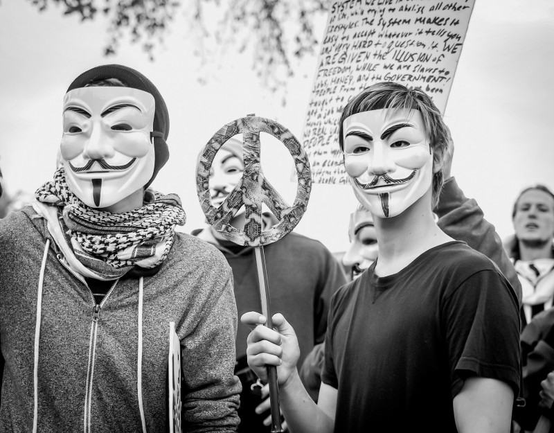 Three activists in a crowd, wearing Guy Fawkes masks. One holds a peace sign on a stick.