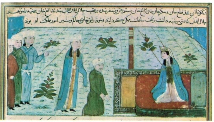 In the illustration the sultan kneels on a cushions as supplicants come and kneel before her.
