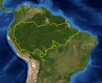 A map of South America showing that the Amazon Basin is very large.