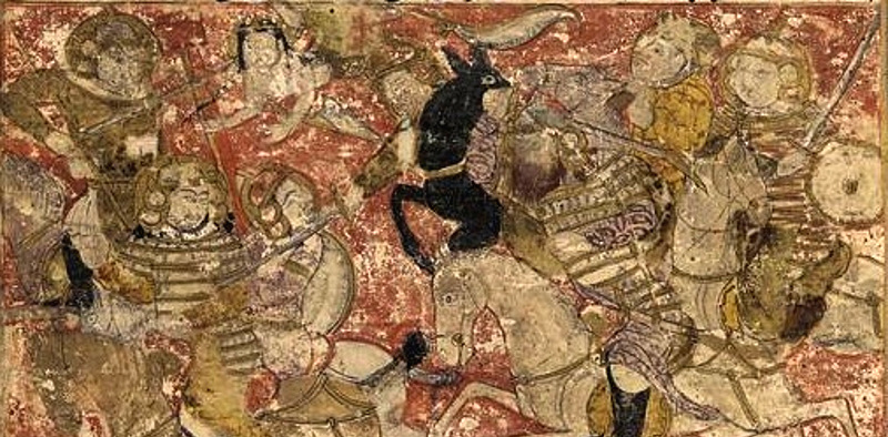 An old worn illustration of armies fighting on horseback.
