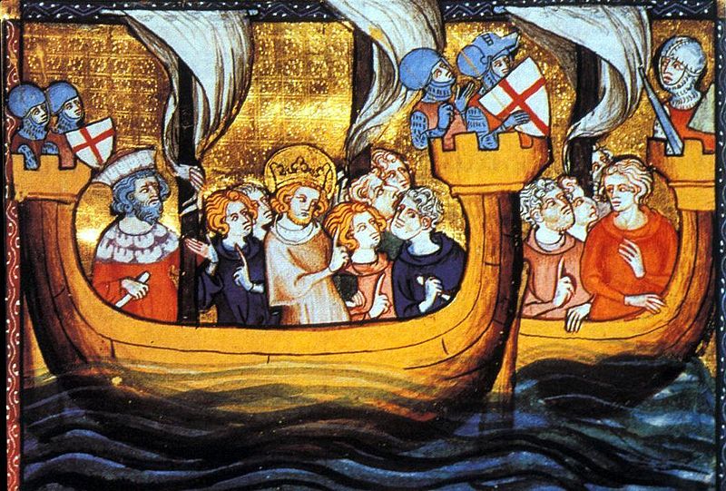 A medieval painting of ships full of soldiers leaving for crusades. Louis is depicted with a stylized crown.