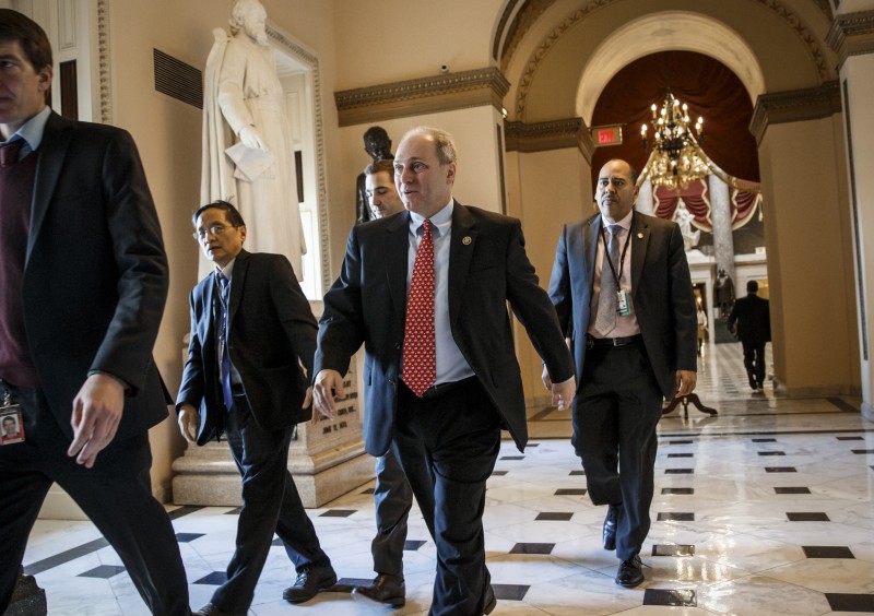 House Majority Whip Steve Scalise of La. walks to the House chamber on Capitol Hill in Washington, Friday, Jan. 9, 2015, as the House overwhelmingly passed a bill authorizing the Keystone XL oil pipeline which would carry oil from Canada to Gulf Coast refineries. The bill passed on a 266-153 vote, one of the first pieces of legislation considered by the Republican-controlled Congress.  (AP Photo/J. Scott Applewhite)