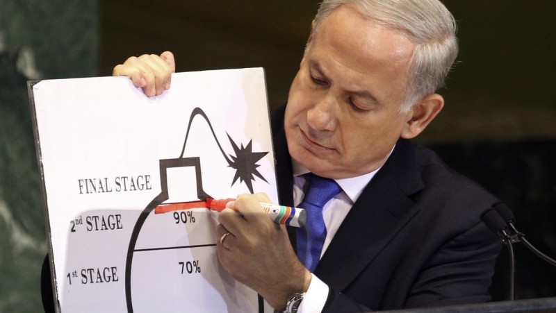 In this Thursday, Sept. 27, 2012 file photo, Israeli Prime Minister Benjamin Netanyahu uses a red marker on a diagram of a bomb as he describes his concerns over Iran's nuclear ambitions during his address to the 67th session of the United Nations General Assembly at U.N. headquarters. (AP Photo/Seth Wenig)