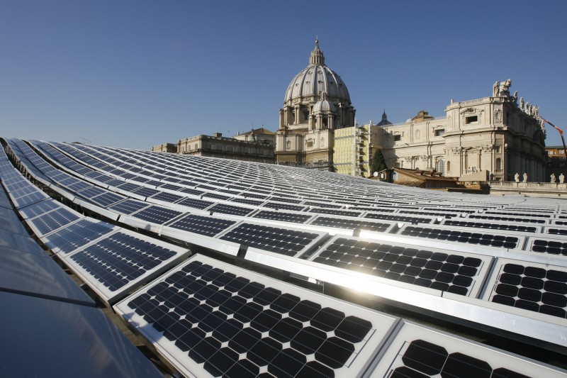 This Wednesday, Nov. 26, 2008, file photo, shows solar panels on the roof of the Paul VI Hall, at the Vatican. Pope Benedict XVI was dubbed "the Green Pope" for his frequent calls to stop ecological devastation and his efforts to bring solar power to the Vatican city-state. "Can we remain indifferent before the problems associated with such realities as climate change?" Benedict said in 2010. (AP Photo/Alessandra Tarantino)