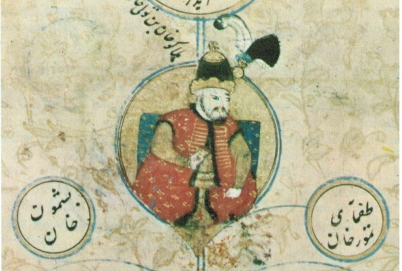 An antique drawing of a sultan in flowing royal red robes and wearing a pointed, feathered hat.