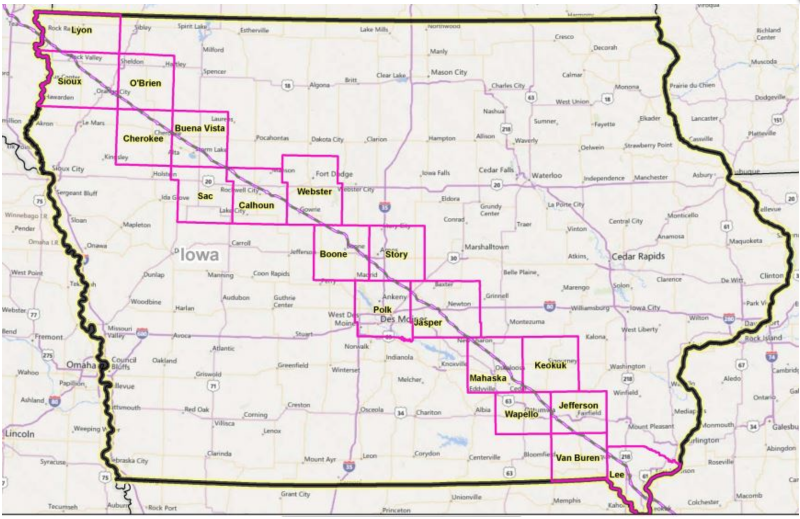 A map of the Dakota Access piepline, which crosses Iowa from its far northwestern point to its furthest southeastern point.  Map Credit: Bakken Pipeline Resistance Coalition