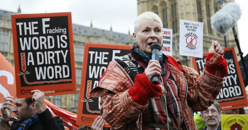 British fashion designer Vivienne Westwood speaks at an anti-fracking protest outside the Palace of Westminster in London, Monday, Jan. 26, 2015. Lawmakers are due to debate a bill that would halt fracking in Britain, after the all party Environmental Audit Committee said it had 'huge uncertainties' about the impact of fracking on the environment. (AP Photo/Alastair Grant)
